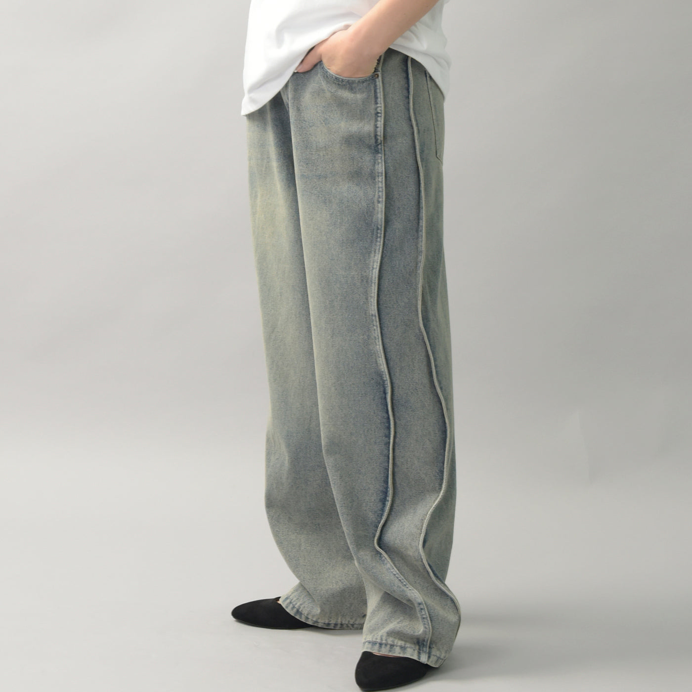 サイドウェーブ切り替えデニムパンツ