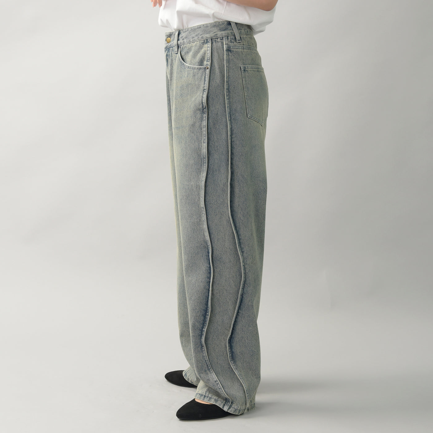 サイドウェーブ切り替えデニムパンツ