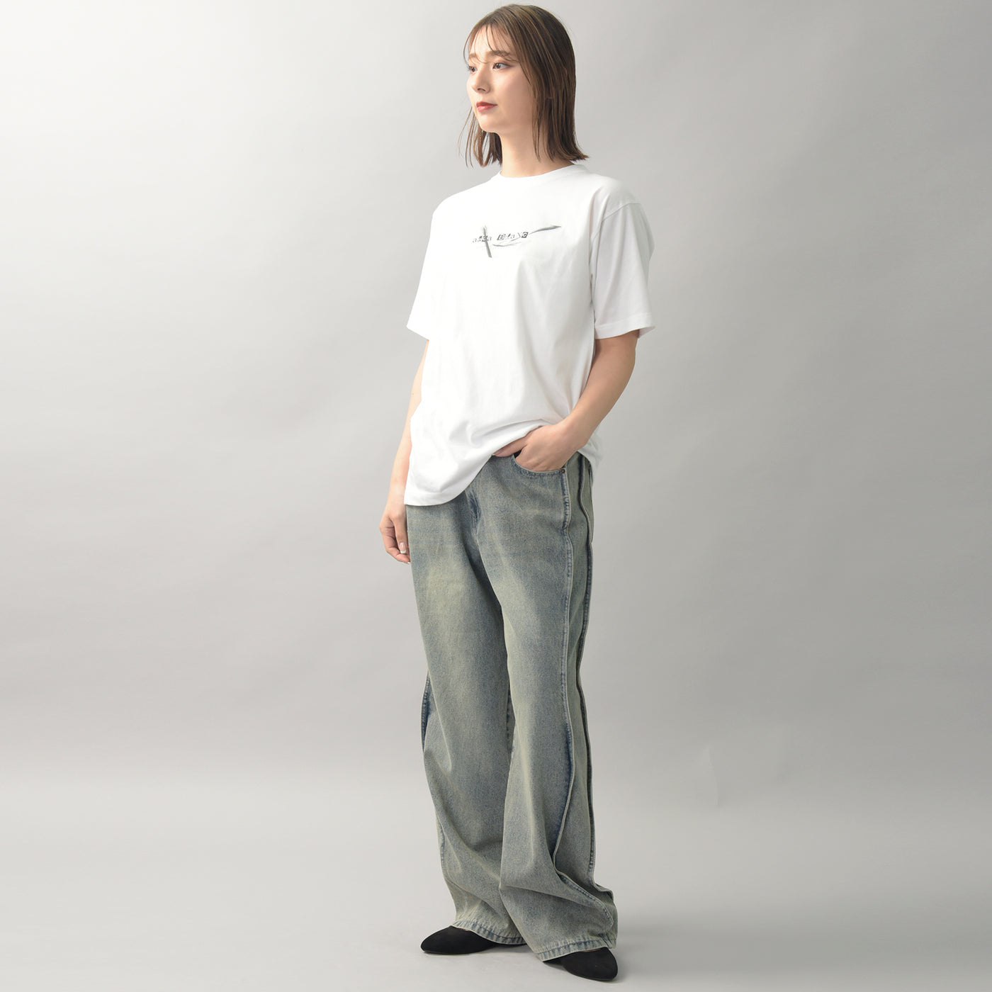 サイドウェーブ切り替えデニムパンツ